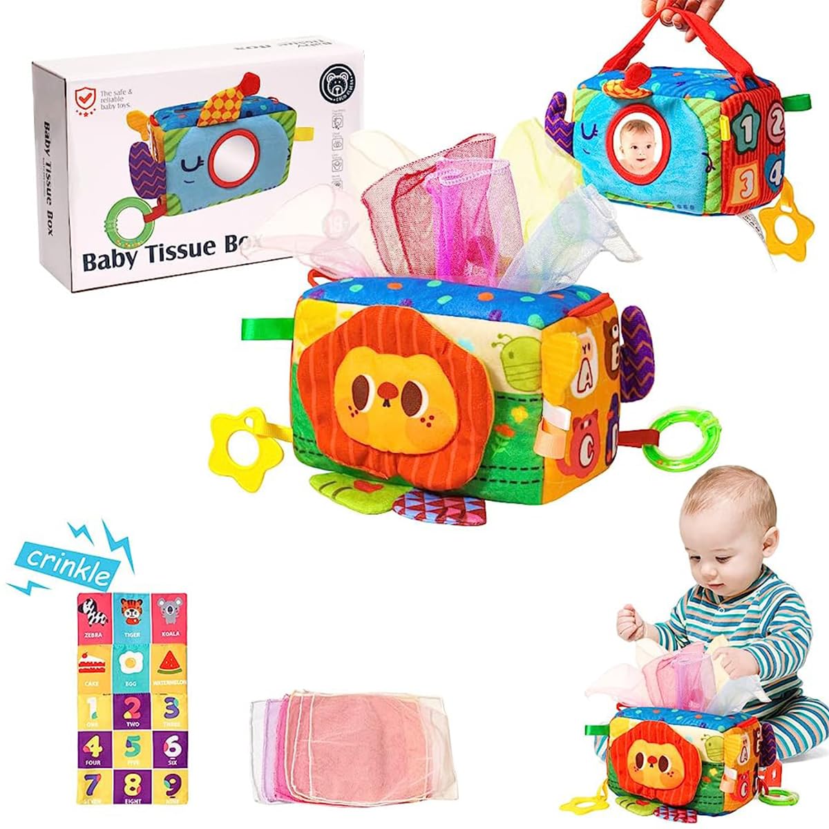 PATPAT Baby Tissue Box Toy, Montessori Toy Sensory Toy Box Soft Stuffed Square Tissue Box Sensory Toy with Funny Mirror, Teether, Cradle Toy Soft Toys for Toddler Gift for Toddlers PATPAT Baby Tissue Box Toy, Montessori Toy Sensory Toy Box Soft Stuffed Square Tissue Box Sensory Toy with Funny Mirror, Teether, Cradle Toy Soft Toys for Toddler Gift for Toddlers